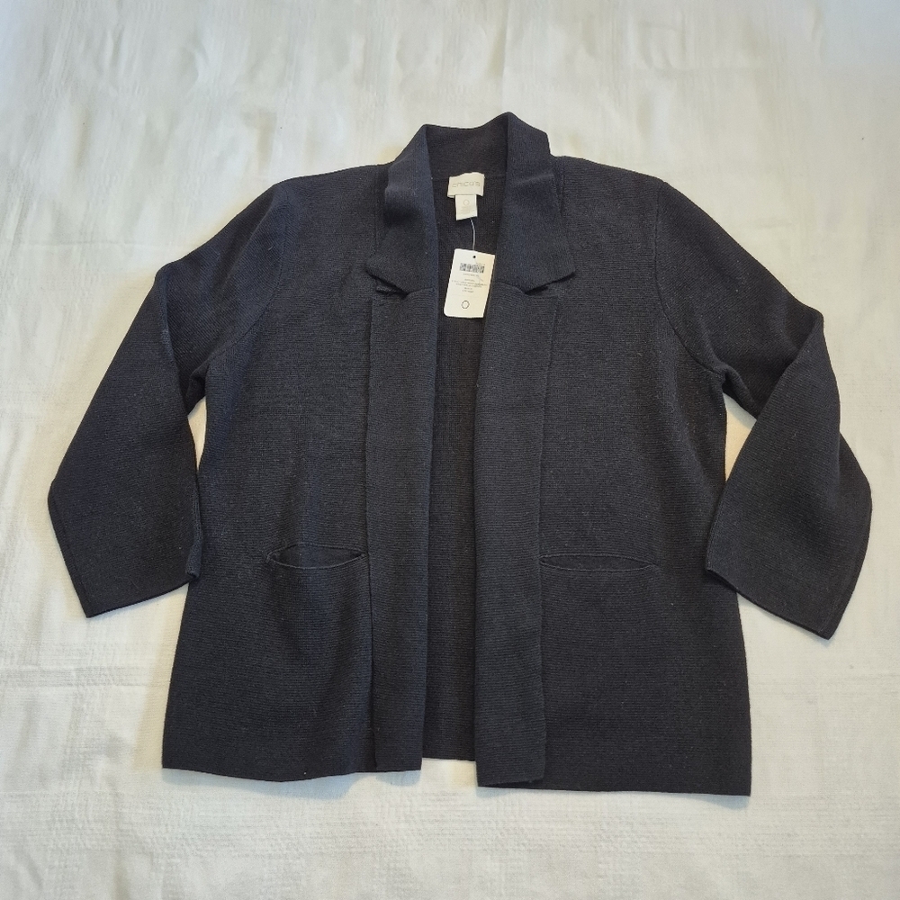 Chico's Women's Structured Sara Open Front Black Cardigan Sweater 0=4/6 XS NWT